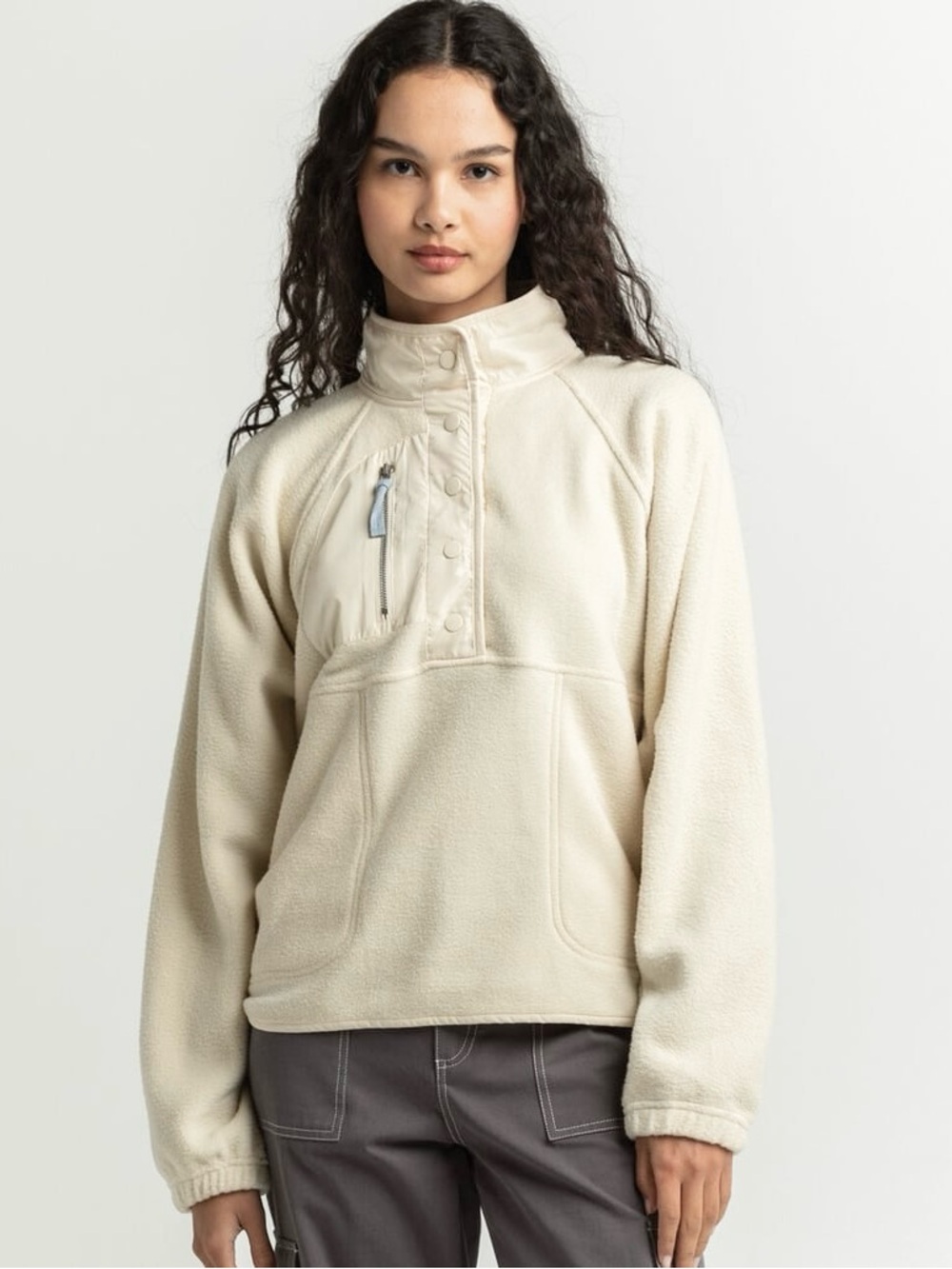 Thread & Supply Womens Solid Polar Fleece Jacket, Cream, Size Medium